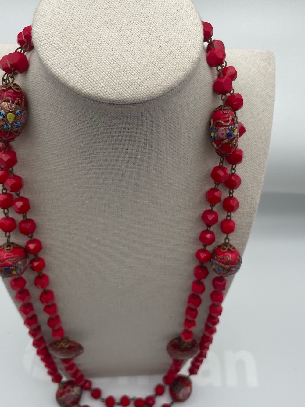 Vintage Floral Red Wedding Cake Art Glass Bead 60” Necklace - Women Jewelry